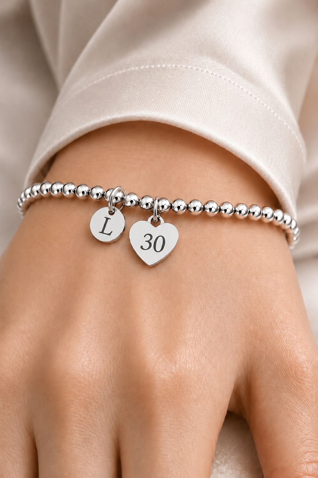30th Birthday Gift for Her – Personalized Silver Bracelet with Initial & Birthstone