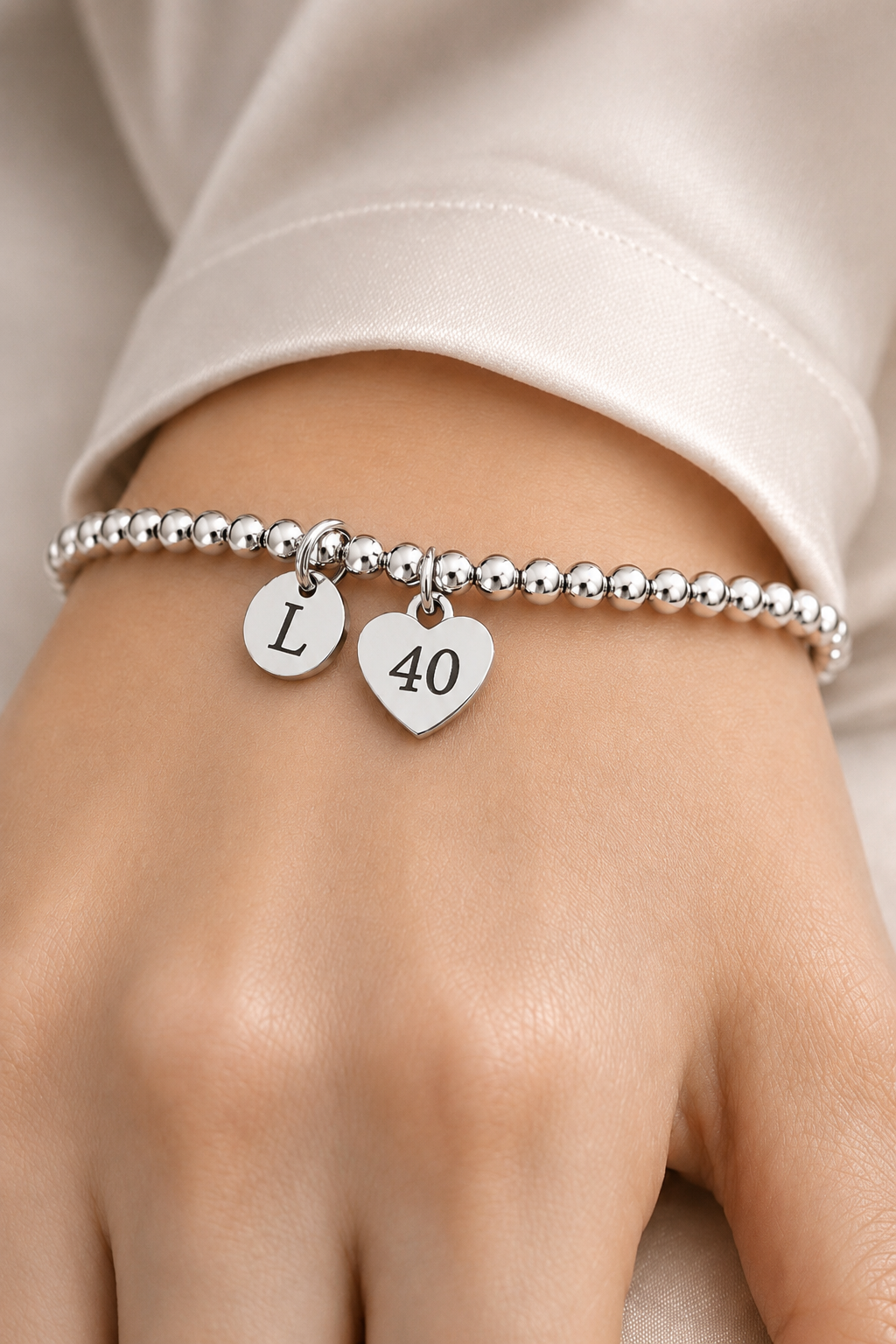 40th Birthday Gift for Her – Personalized Silver Bracelet with Initial & Birthstone