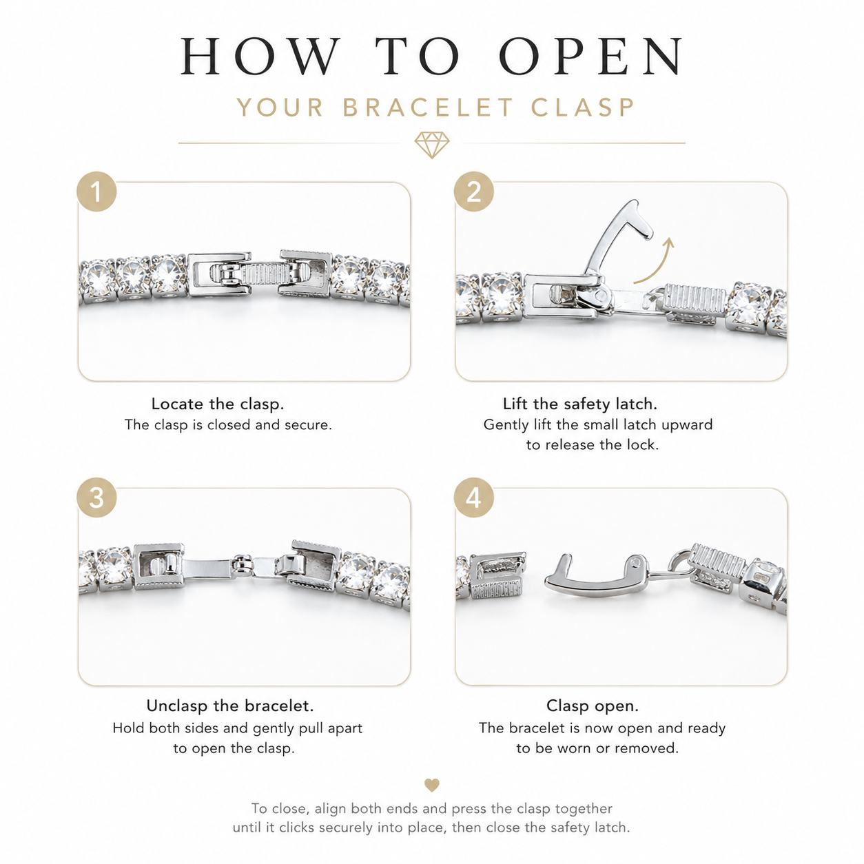 Step-by-step guide on how to open a bracelet clasp with clear illustrations.