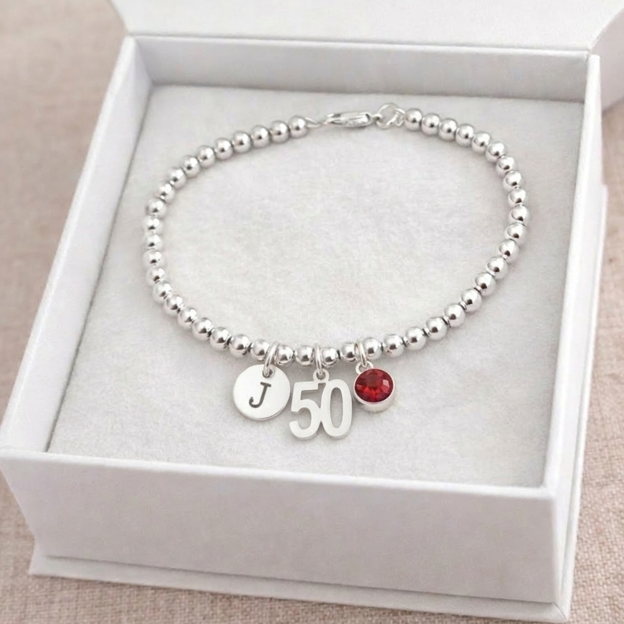 silver initial and birthstone bracelet for 50th birthday gift for mum